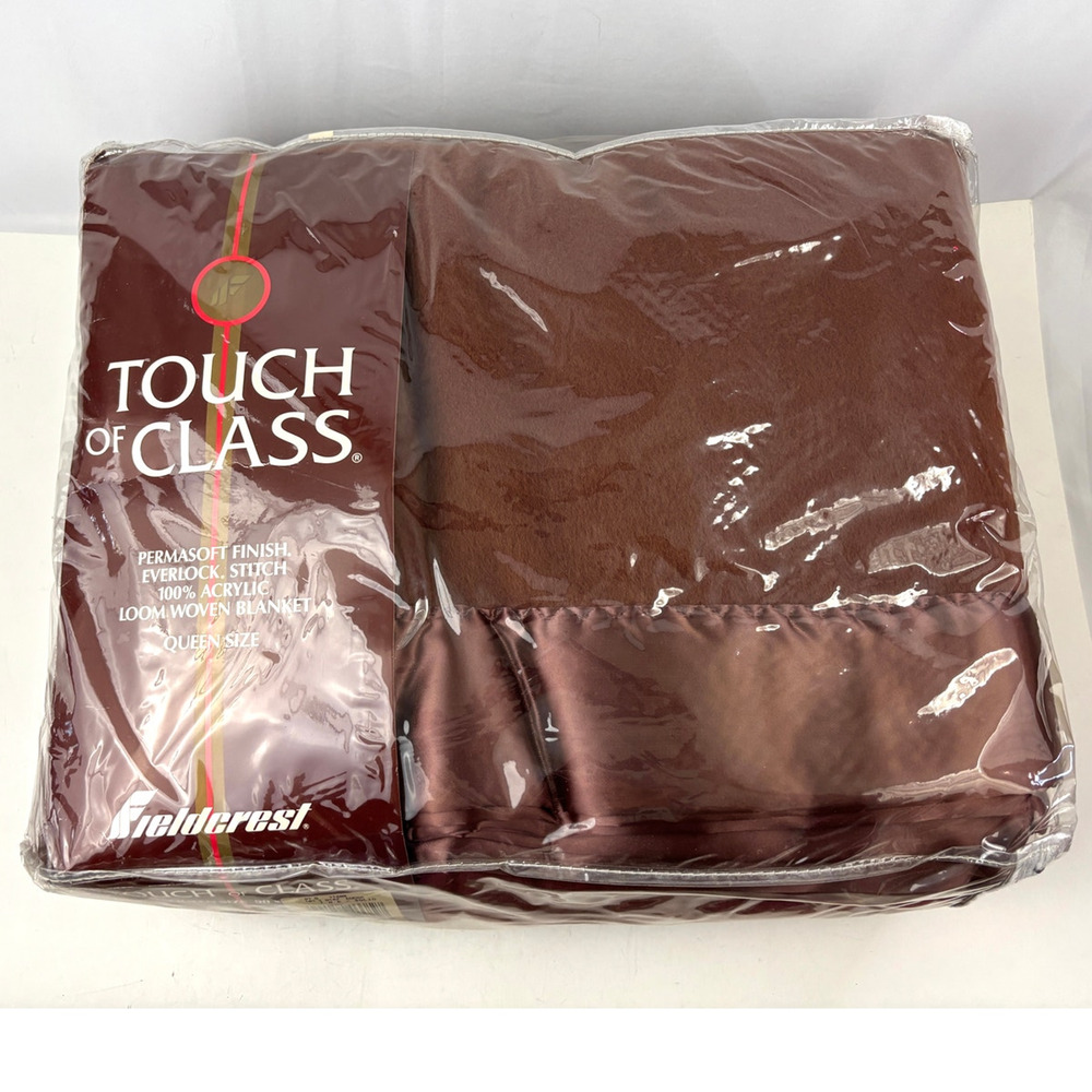 Vtg Fieldcrest Touch of Class Woven Queen Blanket Brown Satin Trim New 90"x90"